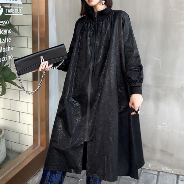 

women's trench coats xuxi windbreaker fashion spring autumn 2021 medium and long bright face sleeve stand collar coat e3381, Tan;black
