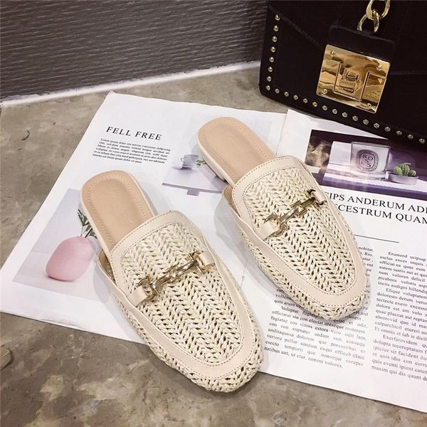 

2021 womens rattan slippers solid color low heel casual hollow shoes mules women slippers flat shoes cane metal beach shoes, Black