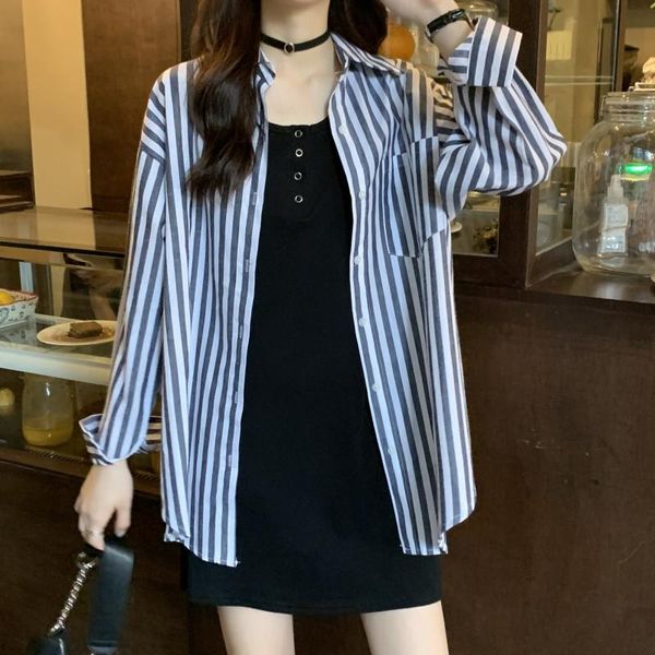 

korean japanese style oversize striped blouse women fashion turn-down collar long sleeve shirt with pocket autumn women's blouses & sh, White