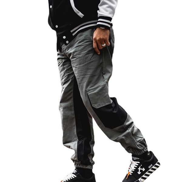 

men's pants cargo street color blocking large pocket woven leggings sports casual mens clothing, Black