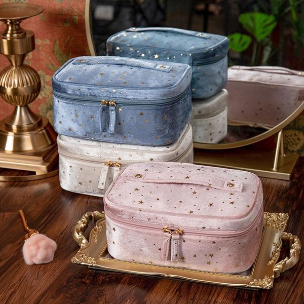

storage bags velvet starry sky cosmetic bag, large capacity star patterns makeup bag case for toiletries cosmetics, khaki/blue/pink