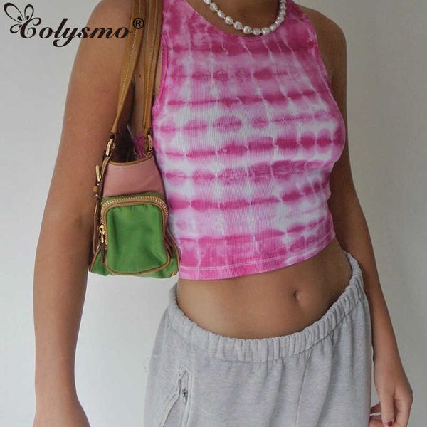 

colysmo tie dye print crop women 0-neck sleeveless summer fashion streetwear casual vest yellow green pink 210527, White