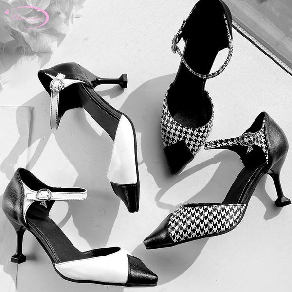 

british casual style pointed toe summer sandals fashion color matching plaid buckle strap high-heeled women's shoes, Black