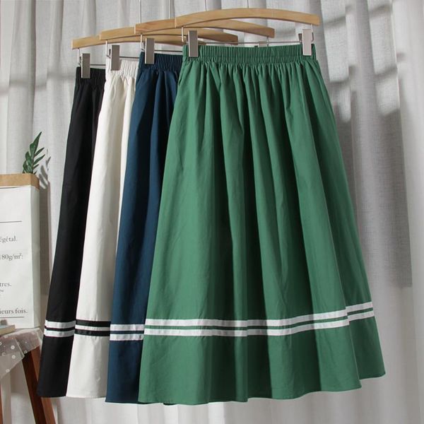 

skirts hepburn style women cotton 2021 summer high waist slim student a-line stripe minimalism pockets jupe femme, Black