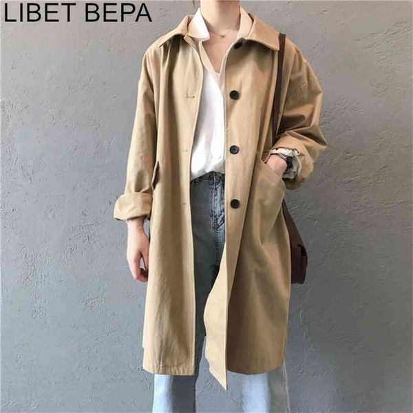 

autumn women's cargo windbreaker casual vintage pockets outerwear oversize buttons wild long trench lady jk0393 210820, Tan;black