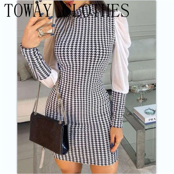 

casual dresses high neck mesh patch houndstooth print puff sleeve work dress elegant bodycon mini summer autumn for women 2021, Black;gray