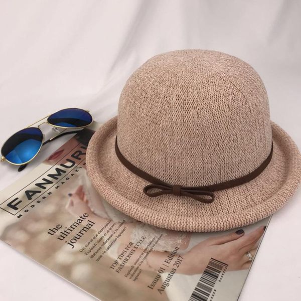 

korean style outdoor travel hat women's curling billycock summer casual bow small bucket cap retro sun hats caps &, Yellow