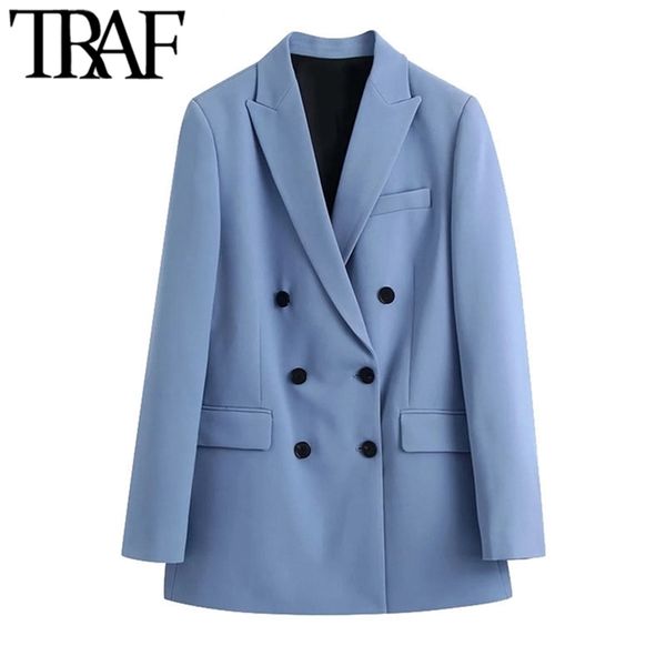 

traf women fashion double breasted loose fitting blazer coat vintage long sleeve pockets female outerwear chic veste femme 211022, White;black