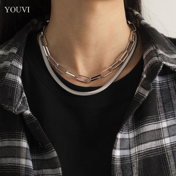 

chains youvi 2pcs/set flat round snake chain necklace for women chian choker bijoux femme cuban men fashion jewelry charm, Silver