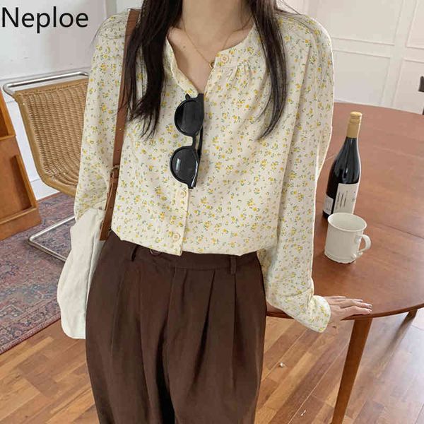 

neploe women v-neck single breasted long sleeve floral chiffon shirts spring vintage blusas loose gentle temperament blouse 210422, White