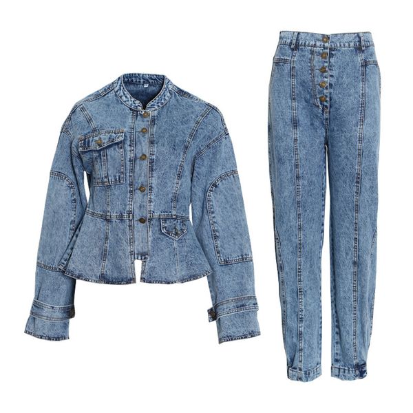 

real sample women solid color denim two piece sets vintage lady v-neck flared sleeve single-breasted coats high waist jeans set, Gray