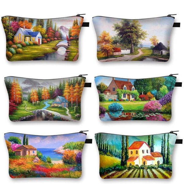 

beautiful country landscape oil painting toiletry bag ladies rural style cosmetic portable travel storage bags gift & cases