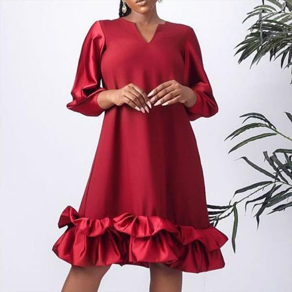 

red loose v neck womens dresses long sleeves ruffles patchwork oversized african large plus size ladies female vestidos robes, Black;gray