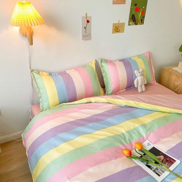 

rainbow stripe pattern pastoral bedding set with ins style bed cover 3/4pcs  king size duvet sheet and pillowcases sets