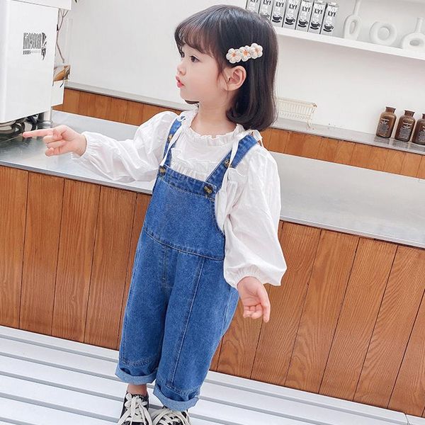 

spring and autumn kids clothes children's denim overalls baby girls casual pants korean fashion jeans jumpsuits, Blue