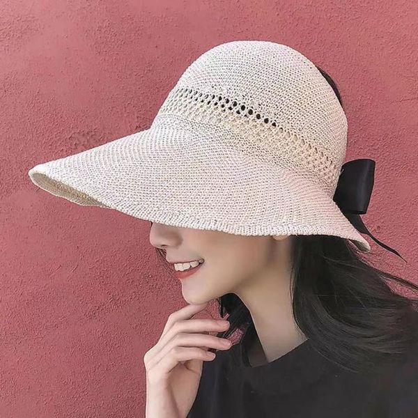 

wide brim hats bowknot knitted straw summer women hat empty large beach sunscreen outdoor casual floppy collapsible sun, Blue;gray