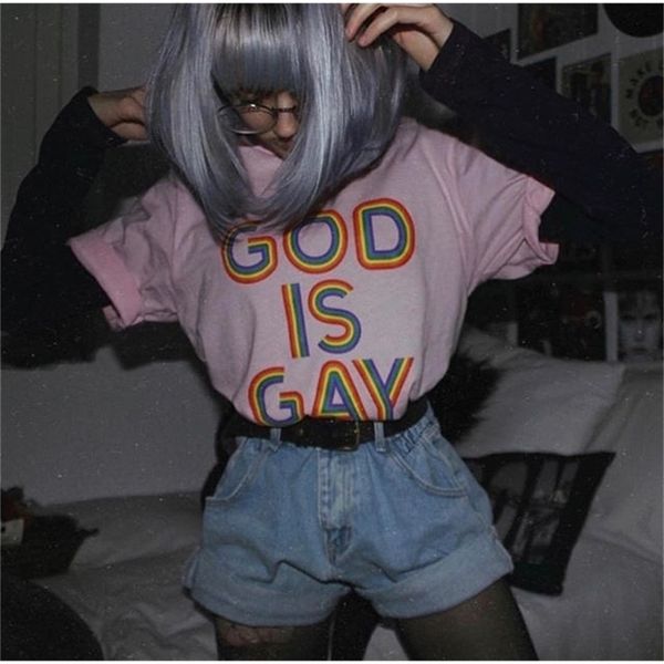 

god is gay letter print t-shirt summer fashion tee short sleeve funny tshirt 210512, White