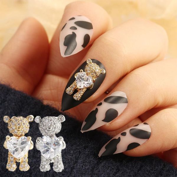 

nail art decorations 1pcs zircon alloy cute 3d bear with heart crystal luxury creative jewelry manicure accessories, Silver;gold