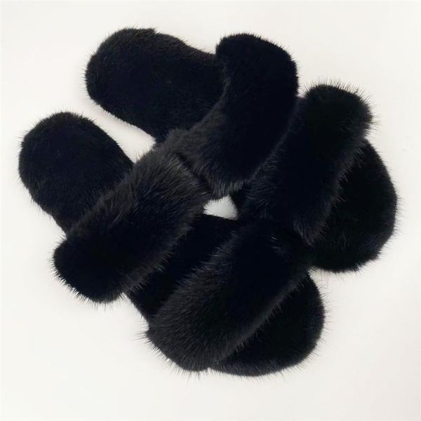 

summer 2021 ladies fur slippers simple style is in europe and america real luxury mink sandals, Black