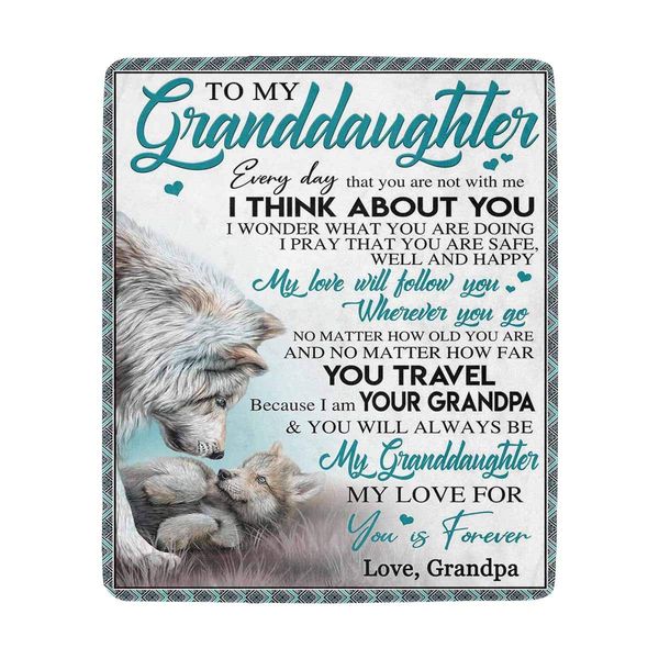 

custom to granddaughter text fleece blanket white wolf for all season lightweight throw for bed extra soft blanket 50"x60"