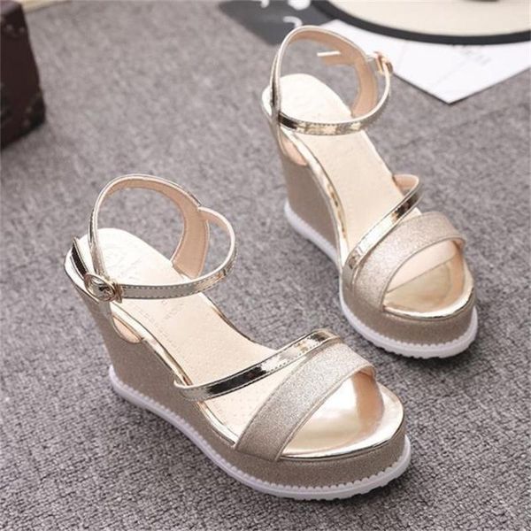 

sandals platform women high heels patent leather open toe shoes sequined cloth wedges summer, Black
