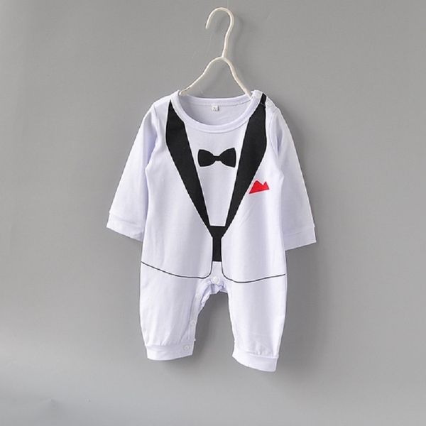 Weiße Babykleidung 100% Baumwolle Smoking Baby Jungen Strampler Mode Kleinkind Overalls Neugeborene Strampler Bebe Kleidung Lange Kostüme 210413