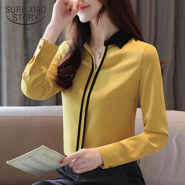 

spring long sleeve solid women chemisier femme casual v neck pullover chiffon shirts 7201 50 210508, White