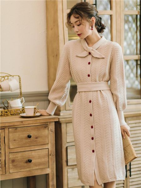 

casual dresses 2021 fashion women's french vintage knit dress thick warm, Black;gray