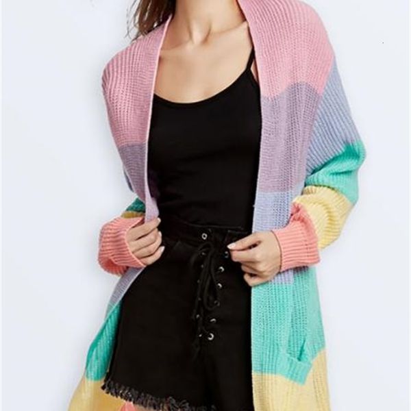 

autumn creative raiow striped women's large size long knitted cardigan winter solid color sweater, White