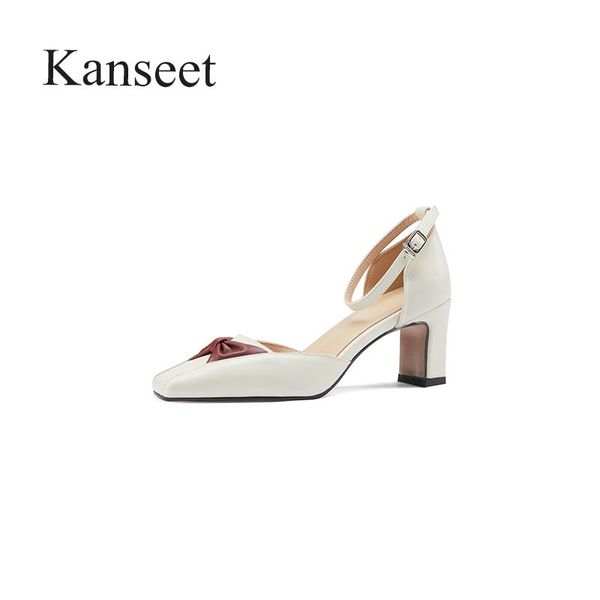 

dress shoes kanseet women genuine leather high heels butterfly-knot square toe sandals 2021 summer buckle strap plus size 43, Black