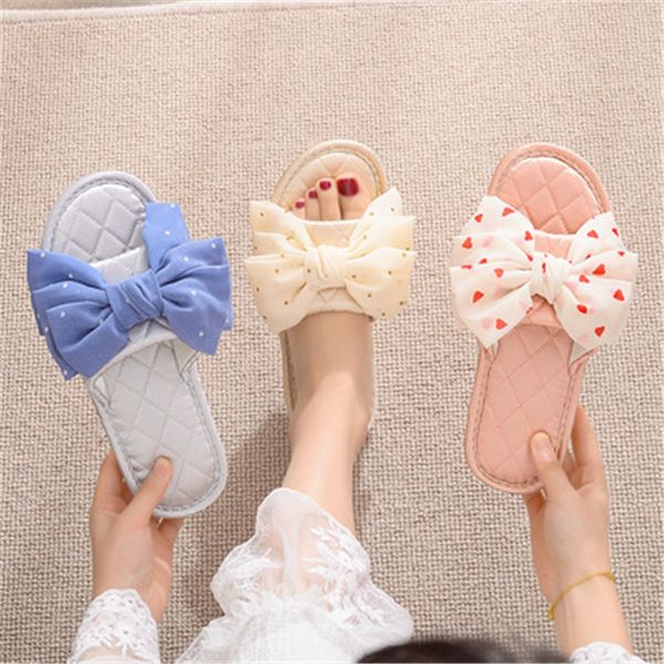 

slippers fayuekey women summer indoor shoes home flax polka dot bow ladies casual flat slides female flip flop1 xaf1, Black