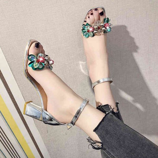 

sandals lucyever fashion pearl flower slippers women summer open toe strap square high heels ladies outside heel sandalias 0f1l, Black