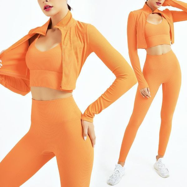 

yoga outfit set women tracksuit high waist ribbed seamless athletic leggings gym zipper crop sports bra outfits workout sportswear