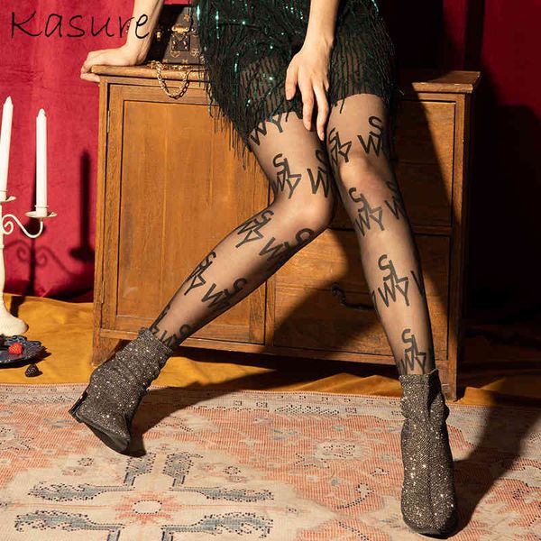

kasure with inscriptions transparent letter tights tattoos nylon for women pattern pantyhose, Black