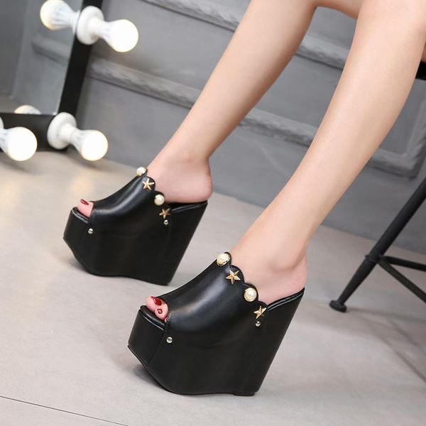 

women's ultra-high slippers large size muffins thick bottom non-slip sandals wedge, Black