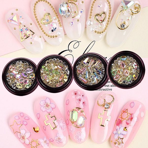 

nail mixed box metallic pearl beads rhinestone metal frame unique design glitter manicure 3d art diy decoration 9tyle decorations, Silver;gold