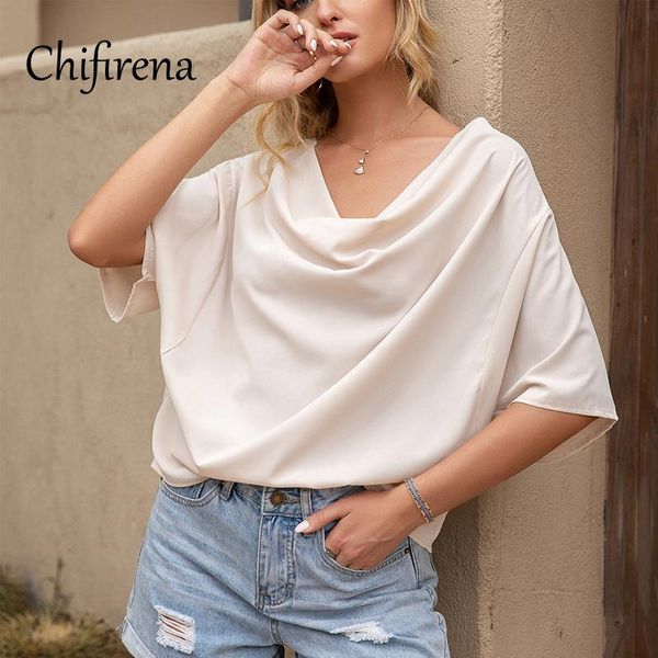 

women's t-shirt chifirena summer t shirt women solid casual v neck pullovers folds tunic slim half sleeve black t-shirts 2021, White