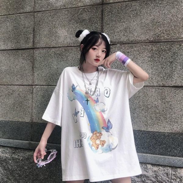 

women's t-shirt 100% cotton t shirt women streetwear casual korean clothes girls tshirt couple long sleeve rainbow letter print, White