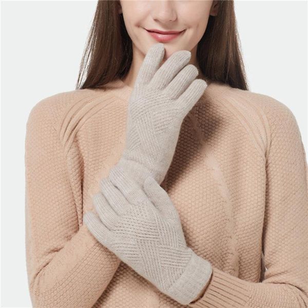

sports gloves ladies winter wool knit full finger cycling warm men plush thick touch screen driving mitten solid thermal golves, Black