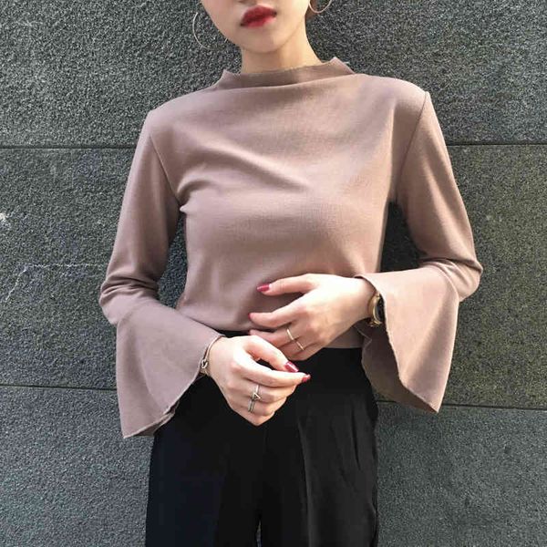 

women's spring and autumn long-sleeved solid color trumpet sleeves with thin inner t-shirt bottoming shirt pl166 210506, White