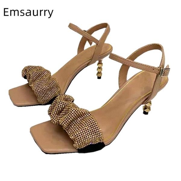 

pleated rhinestone ankle strap sandals for girls women rivet decor thin high heels real leather summer shoes woman dress, Black