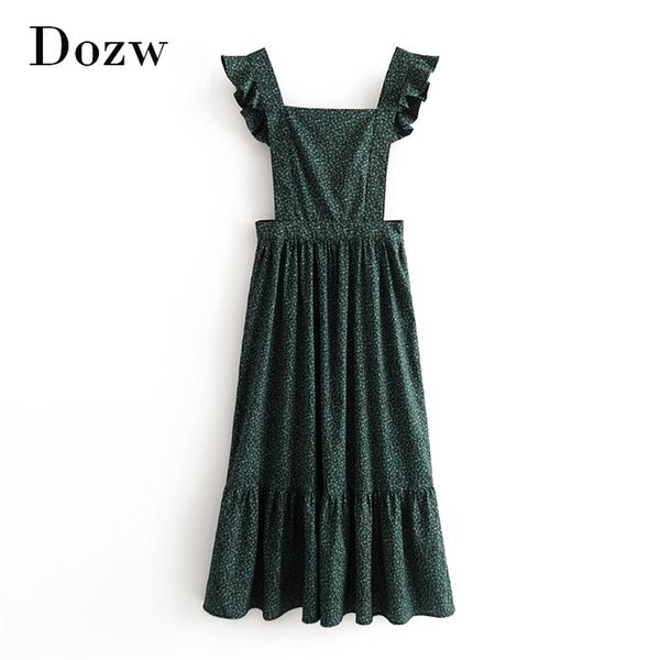 

women vintage a line floral print dress sleeveless backless fashion casual long es elegant ruffle pleated 210515, Black;gray