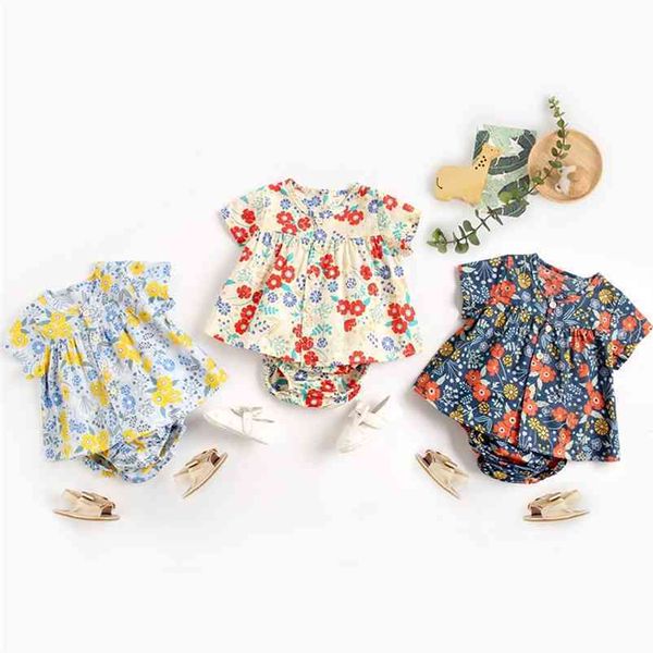 Verão Bebé Roupas Crianças Meninas Sets Floral Cardigan T-shirt + Triângulo Calças De Roupas Terno Crianças 210521