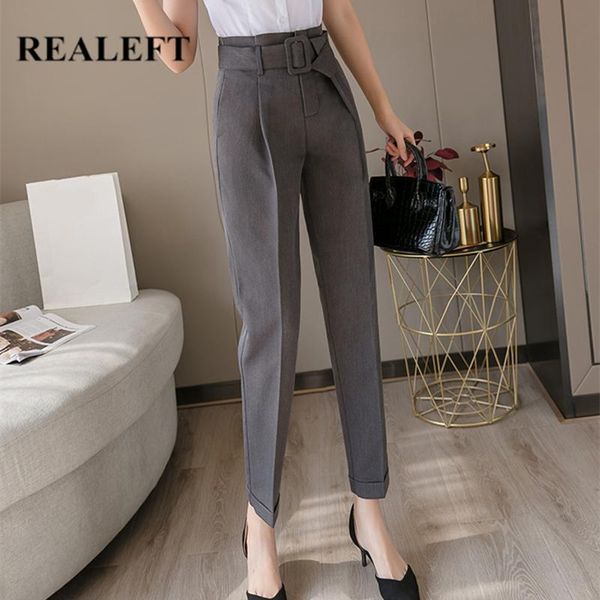 

women's pants & capris realeft 2021 korean ol style black women formal harem sashes pockets high waist elegant office lady ankle-length, Black;white
