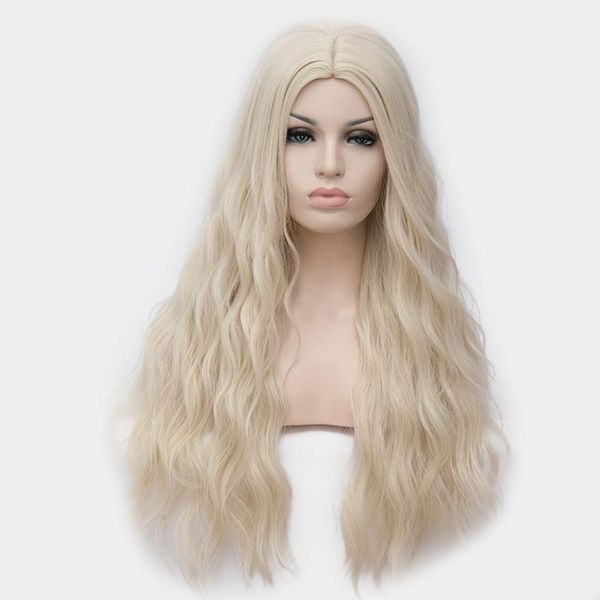 

cosplaysalon ladies lolita 78cm long wavy light blonde hair middle part heat resistant party synthetic cute cosplay daily wig1, Black