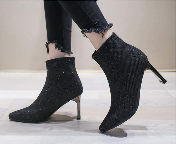 

boots women ankle leather thick high heels booties autumn winter shoes square toe black