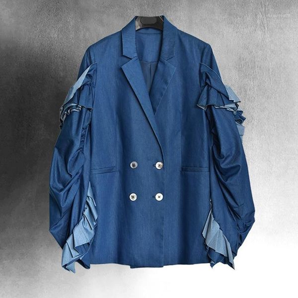 

fashion tide ruffles pleated double breasted turn-down colalr blue color single blazer female wholenices wd757 women's suits & blazers, White;black