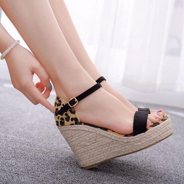 

women shoes wedges platform sandals peep toe leopard, Black