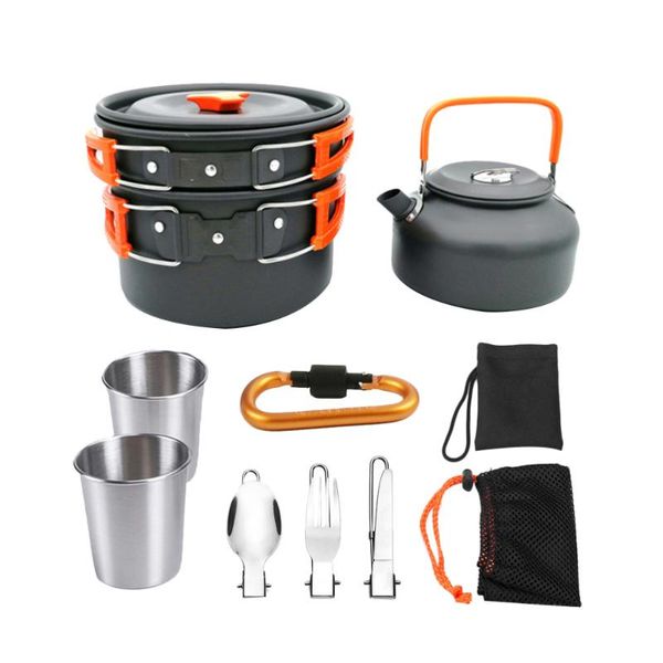 

set/8 teilig outdoor camping non-stick pan tableware portable teapot 2-3 people cooking tool set for (orange) pans