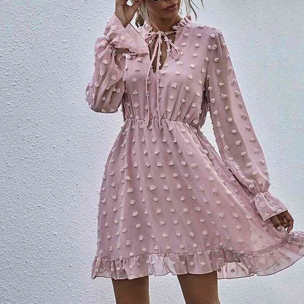 

casual dresses women spring pompom ruffle flare sleeve lace up a line solid female chic slim street office midi vestidos fw4w, Black;gray
